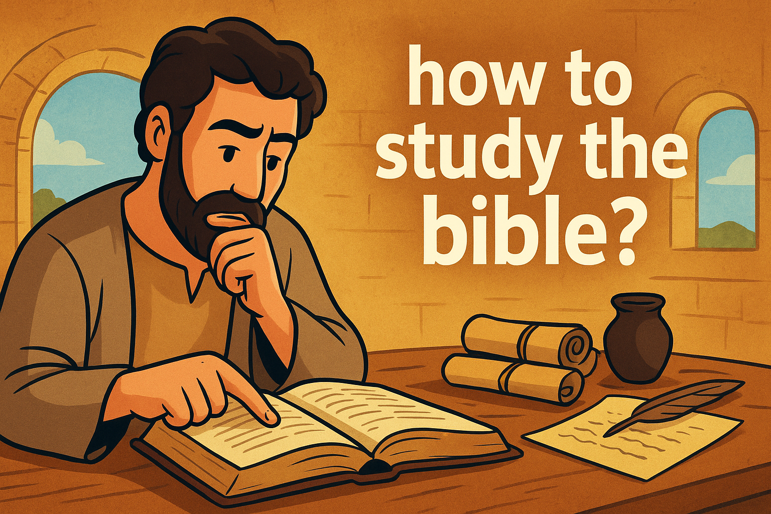 Cartoon illustration representing how to study the bible