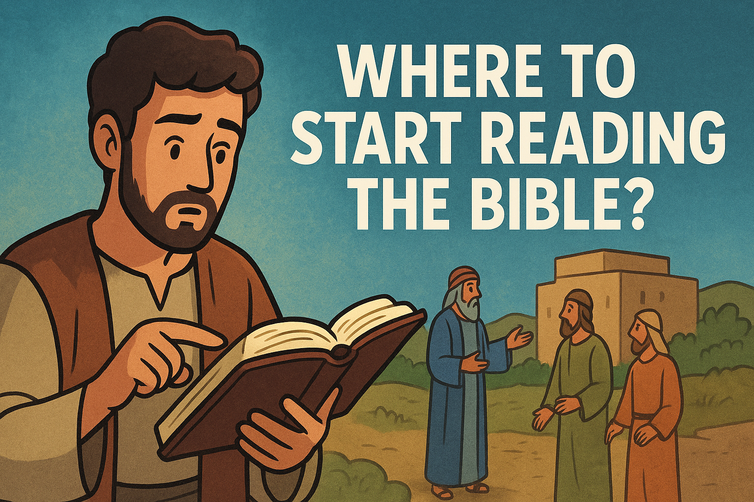 Cartoon illustration representing where to start reading the bible