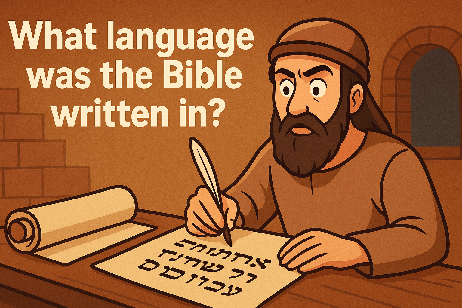 Cartoon illustration representing what language was the bible written in