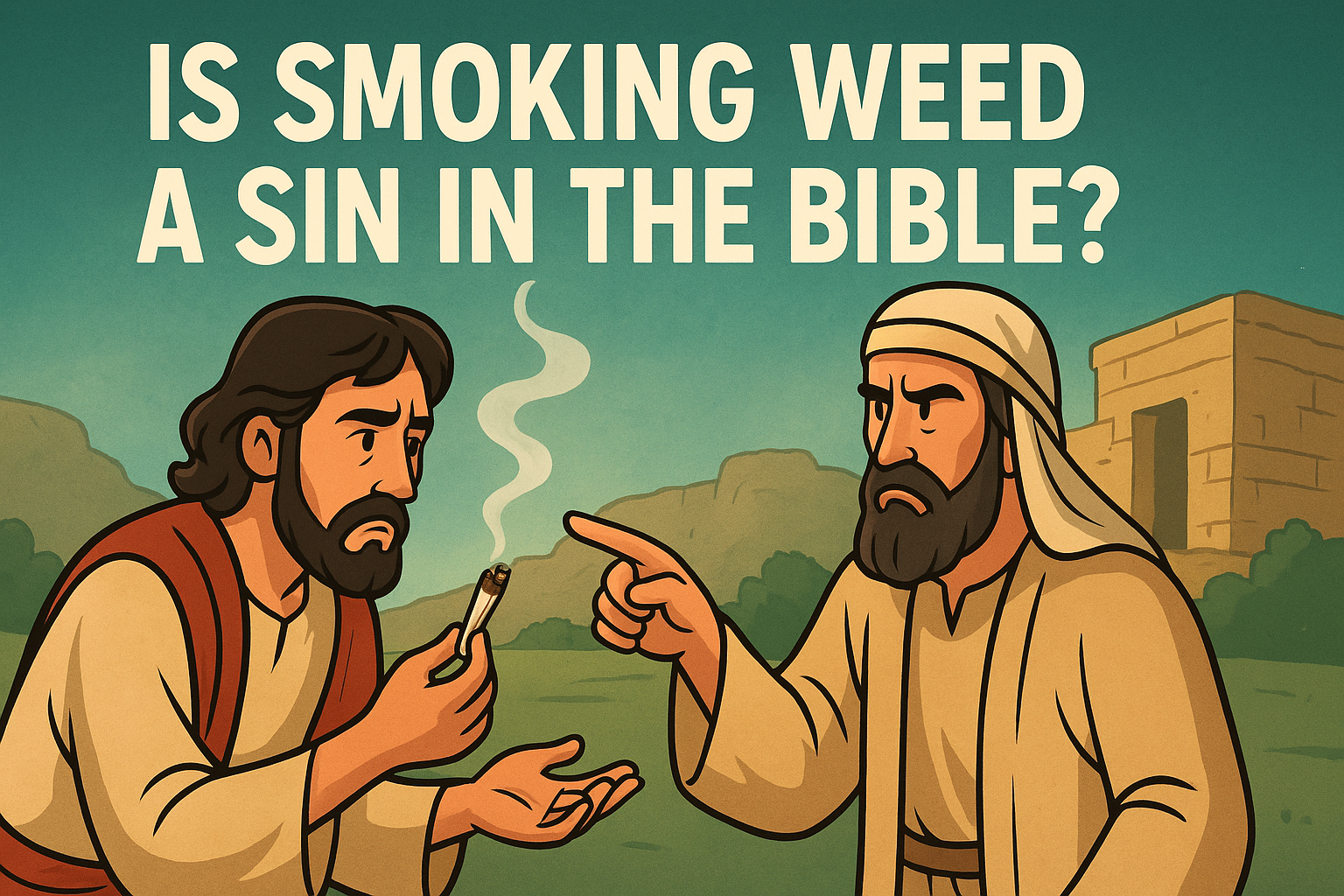 Cartoon illustration representing is smoking weed a sin in the bible