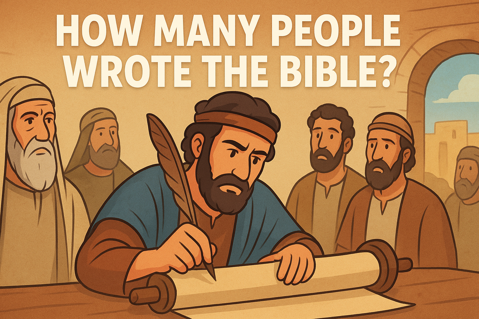 Cartoon illustration representing how many people wrote the bible