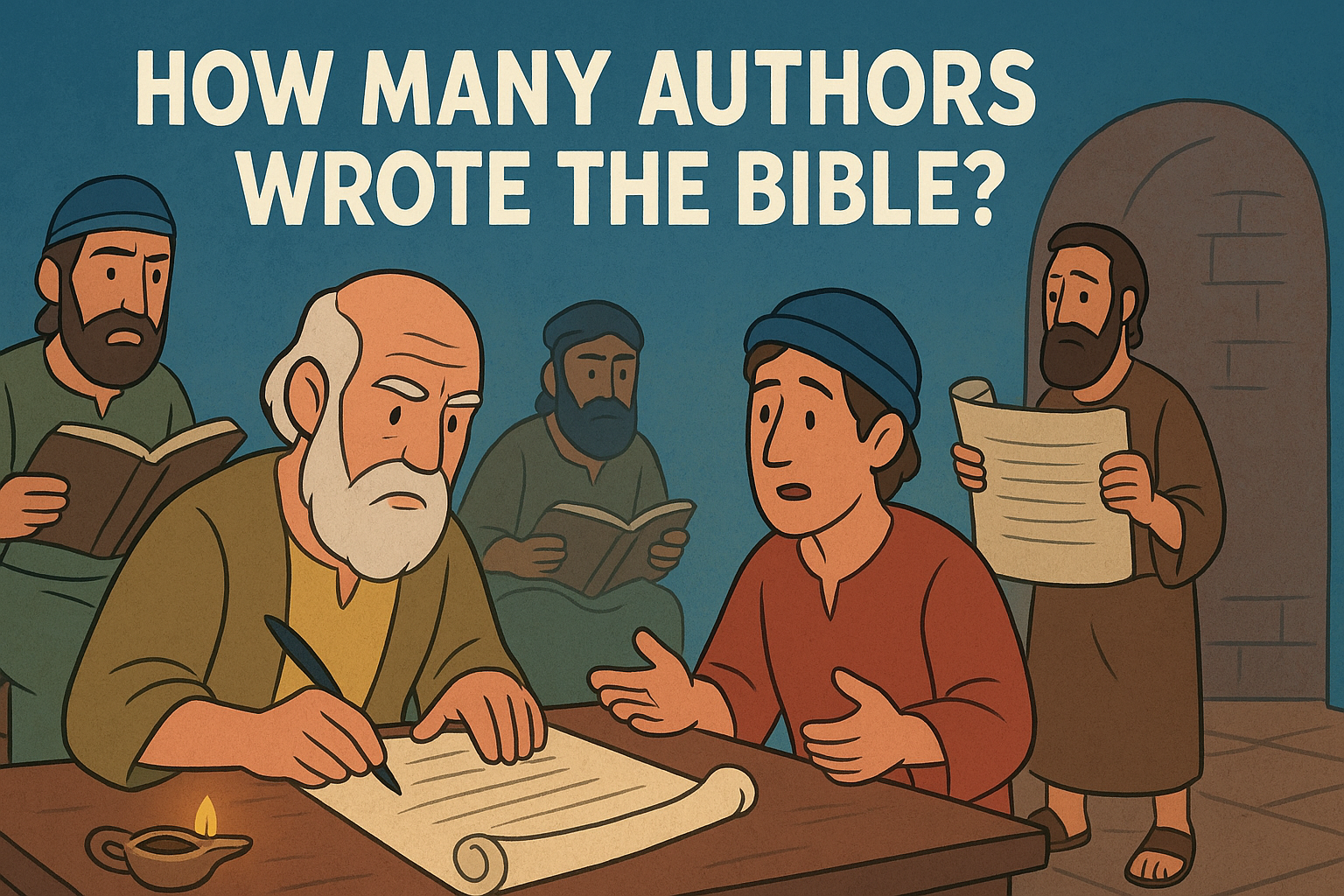 Cartoon illustration representing how many authors wrote the bible