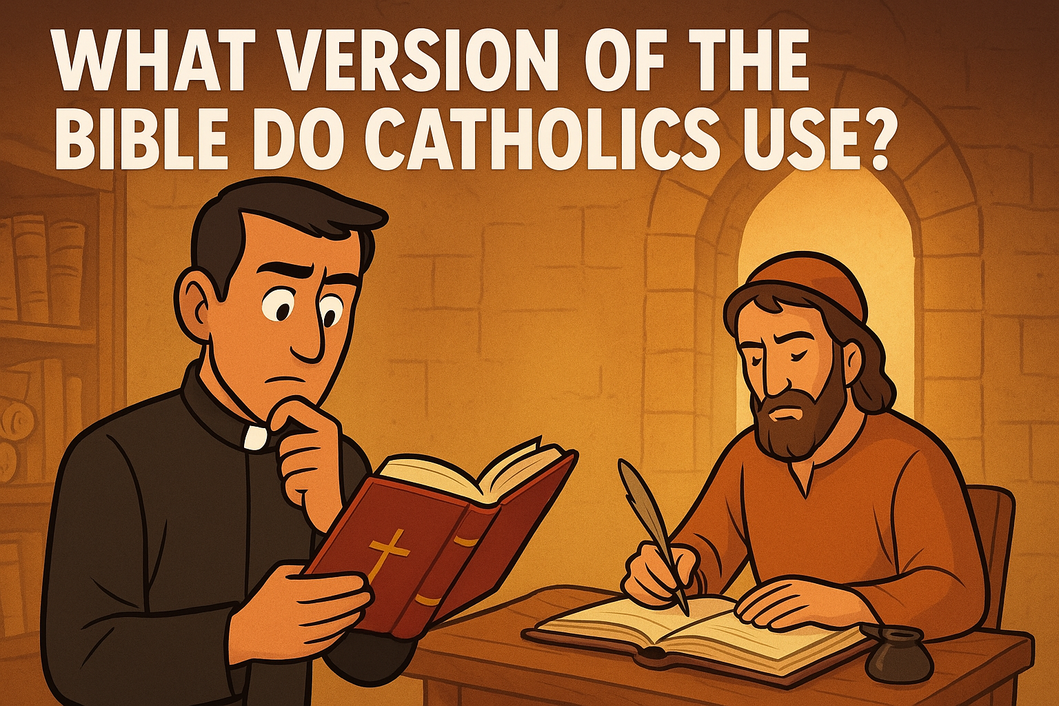 Cartoon illustration representing what version of the bible do catholics use
