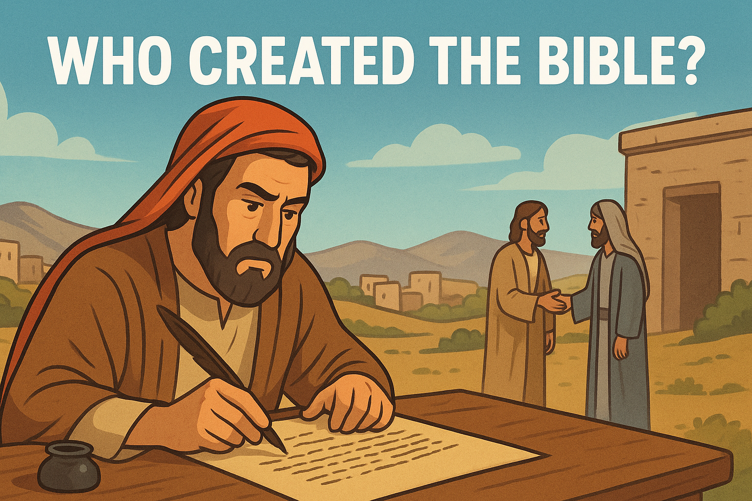Cartoon illustration representing who created the bible