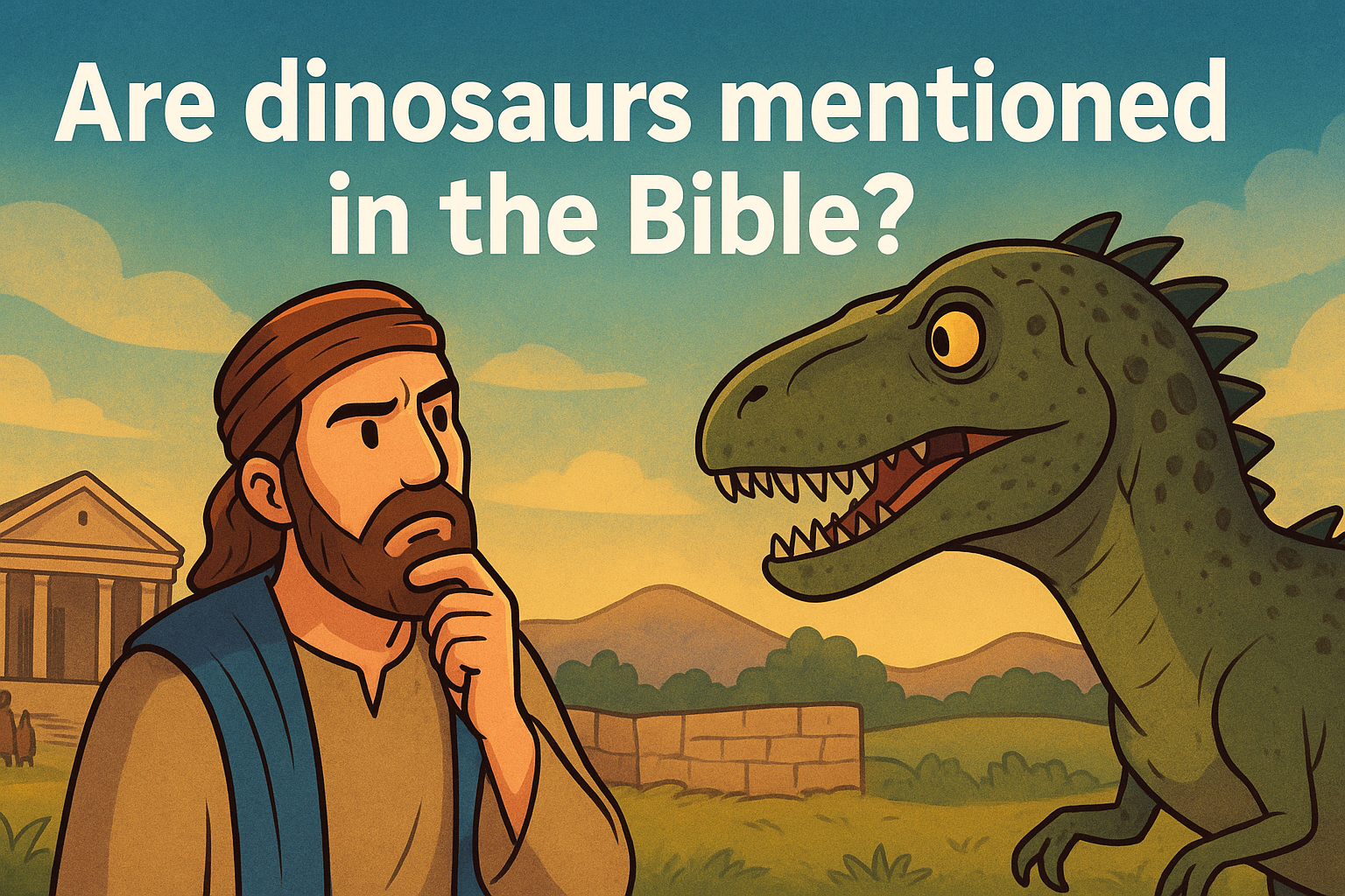Cartoon illustration representing are dinosaurs mentioned in the bible
