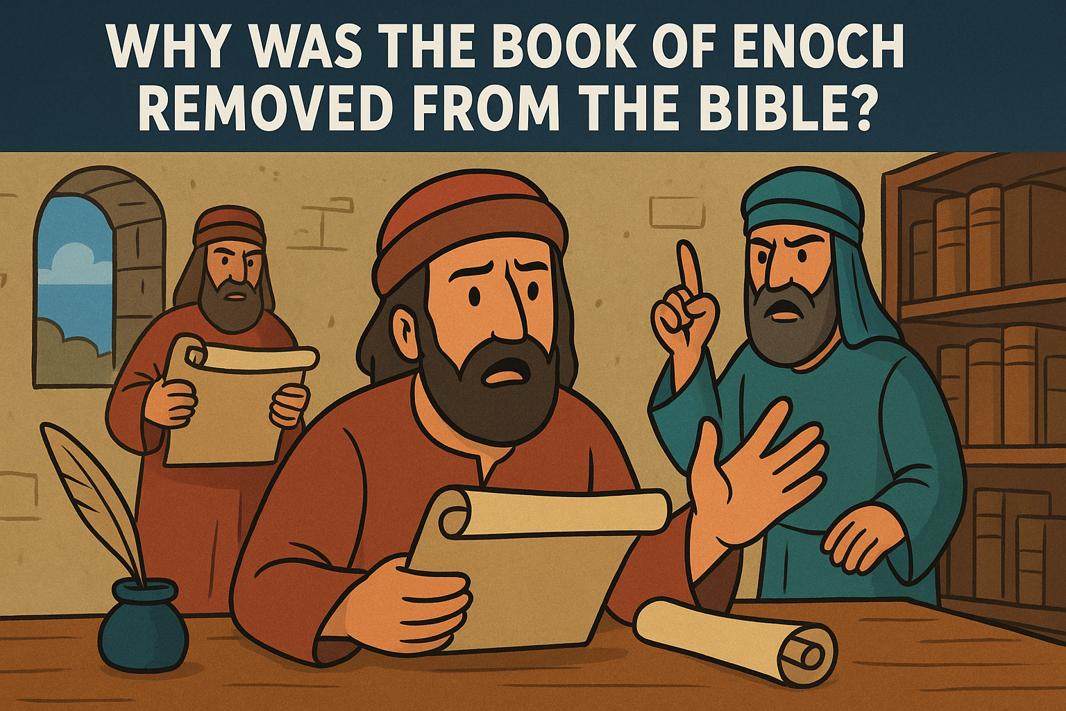 Cartoon illustration representing why was the book of enoch removed from the bible