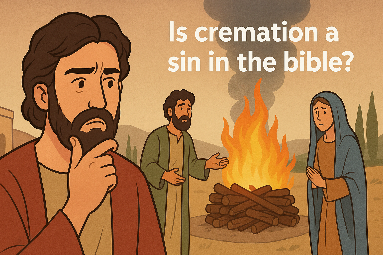 Cartoon illustration representing is cremation a sin in the bible