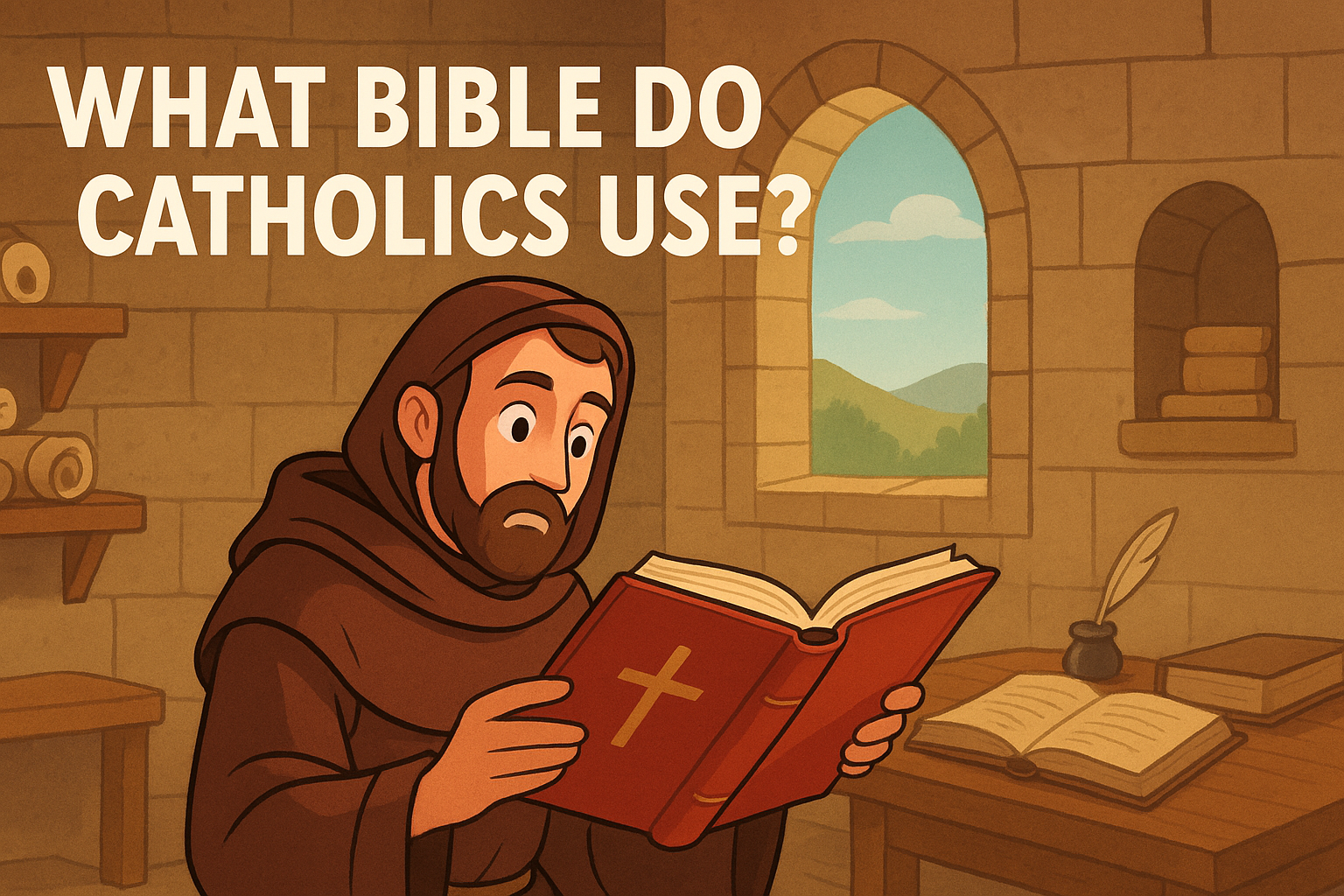 Cartoon illustration representing what bible do catholics use