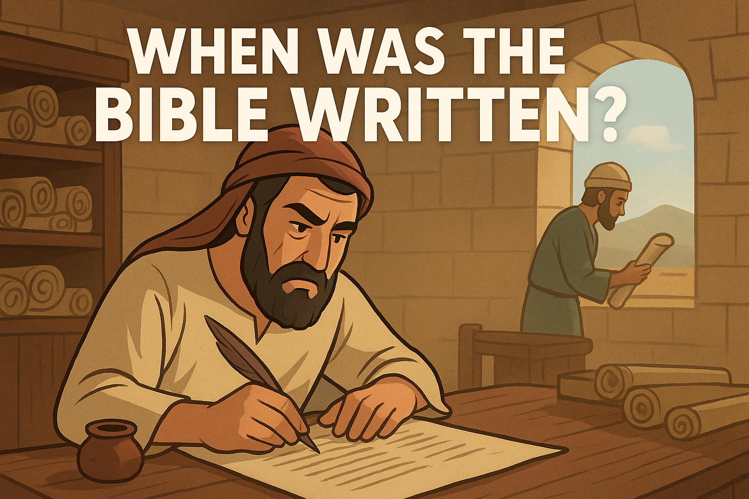 Cartoon illustration representing when was the bible written